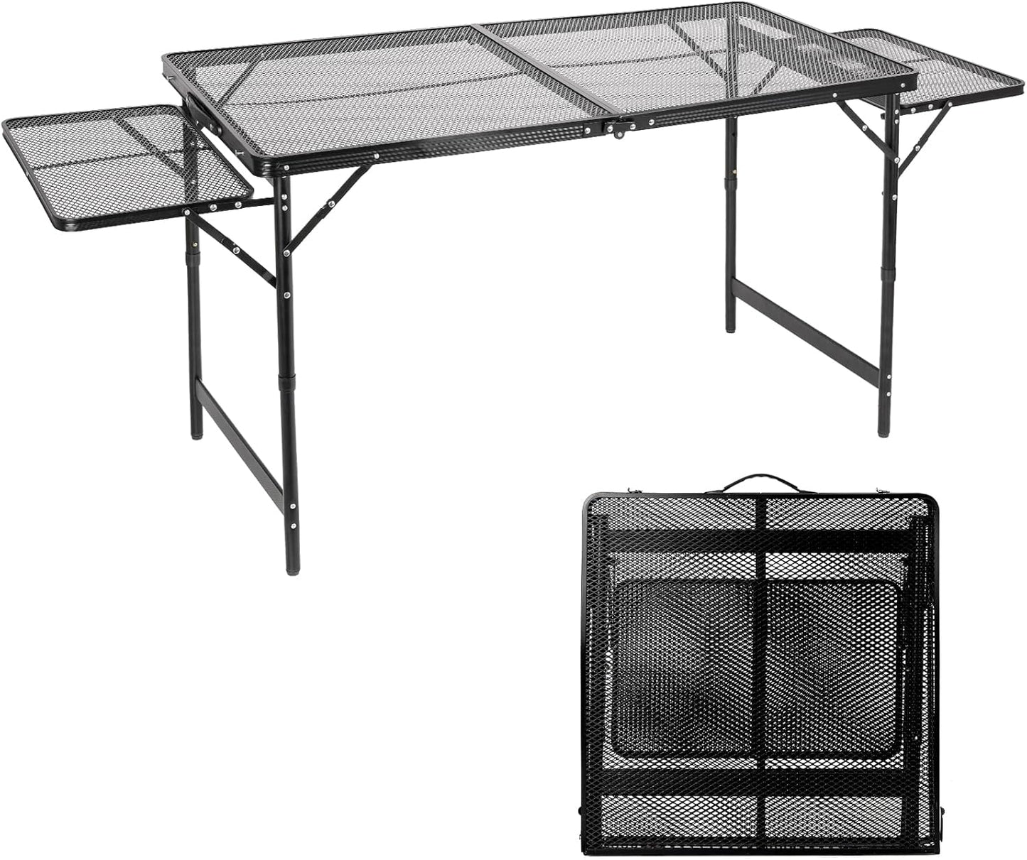 Grill Table Folding Table with 2 Wing Panels 4FT+1.77 FT with Mesh Desktop 3 Height Adjustable Portable Grill for Outdoor Indoor Beach BBQ Picnic Travel RV Black