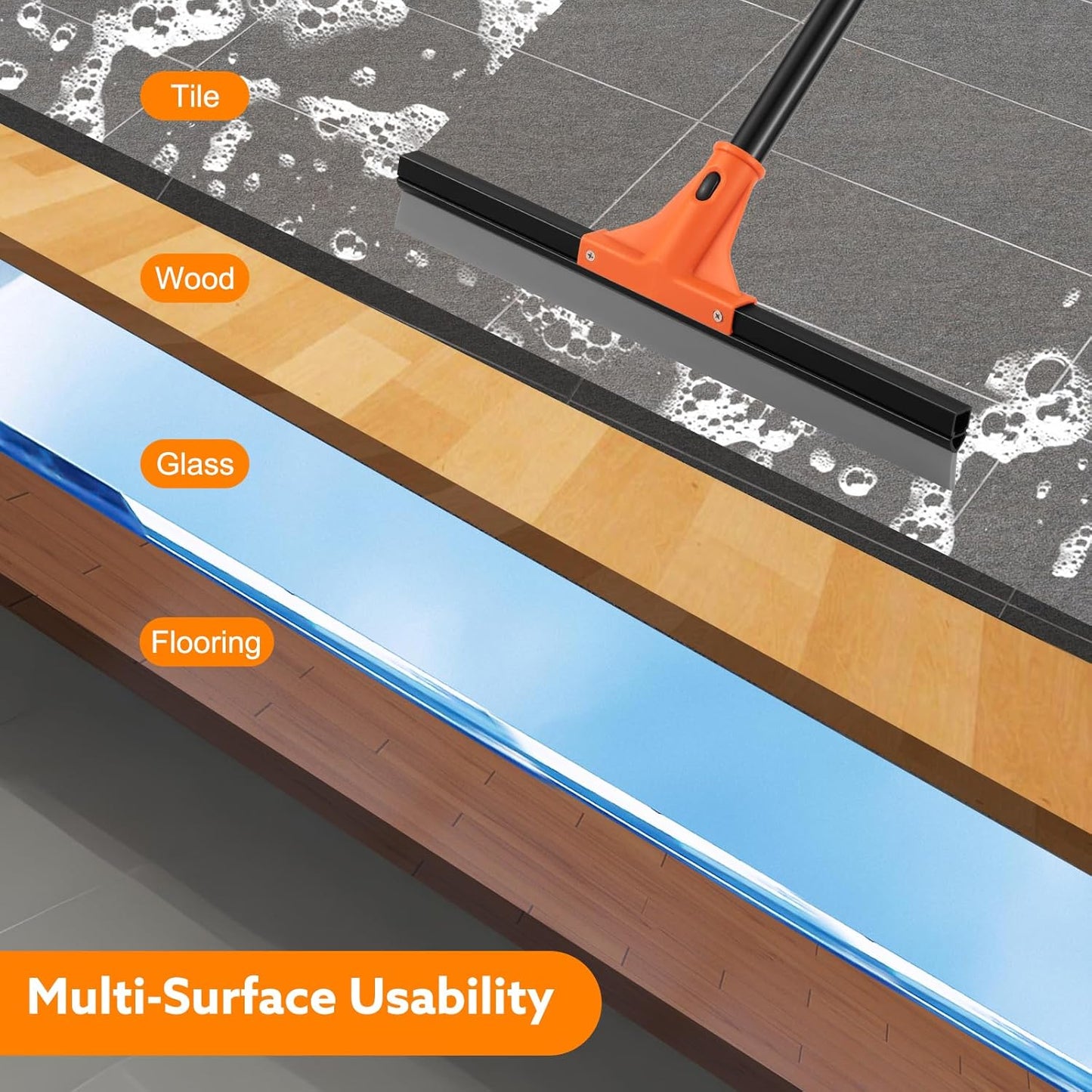 Floor Squeegee Heavy Duty, 17 Inch Rubber Blade, 60 Inch Long Aluminum Handle, Multipurpose Cleaning Squeegee for Garage, Tile, Deck, Bathroom, Window, Glass