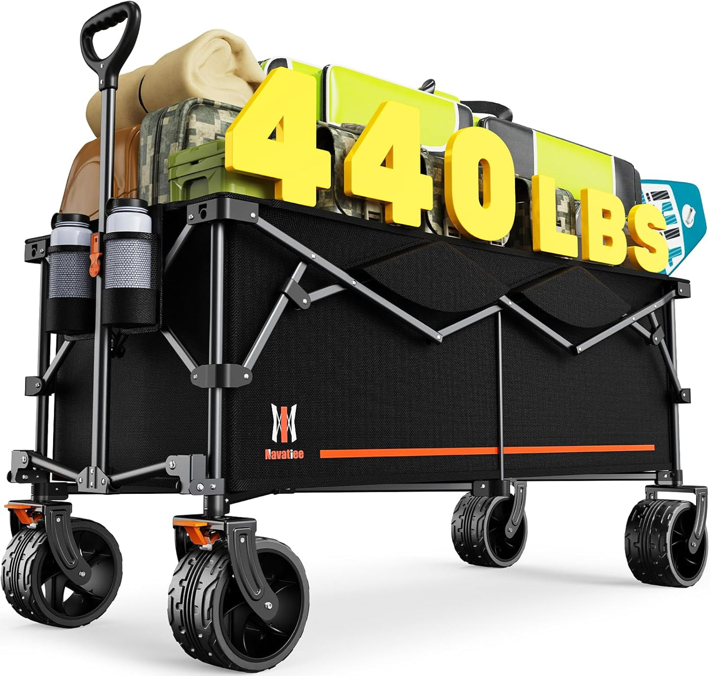 Navatiee 300L Extra Large Collapsible Wagon Cart Foldable, 48''L Extended Heavy Duty Folding Beach Wagon with 440LBS Weight Capacity and Big Wheels, Utility Garden Cart for Sports Camping