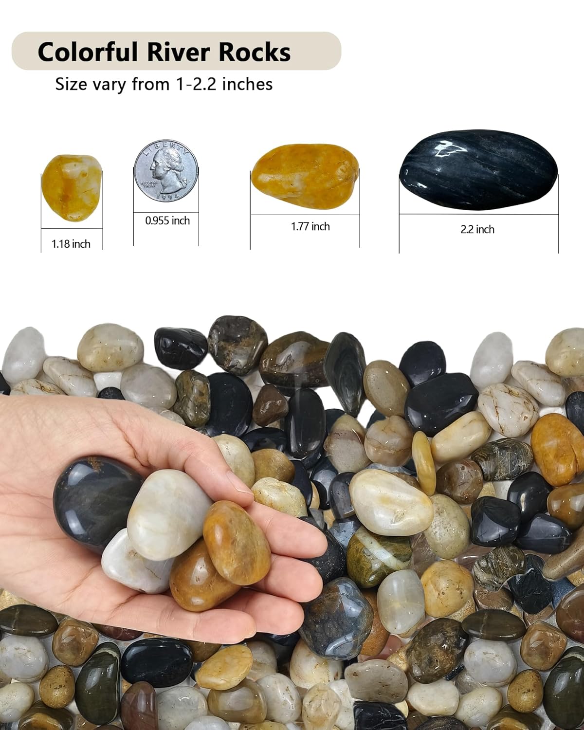 5LB Polished Mixed River Rocks, Natural Decorative Stones for Indoor Outdoor Plants, Succulents, Vases, Fish Tank, Garden Landscaping & Top Dressing Pebbles 1-2.2Inch