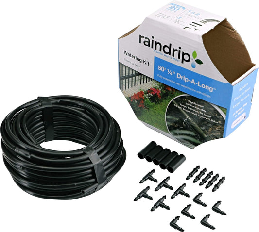 Raindrip R280DT Drip-A-Long™ 1/4 in. Dripline Kit includes 50 feet of 1/4-Inch Dripline preassembled with 1/2 GPH drippers, 5 Barbed Tees, 5 Barbed Elbows, 5 Barbed Couplings, 5 End Plugs