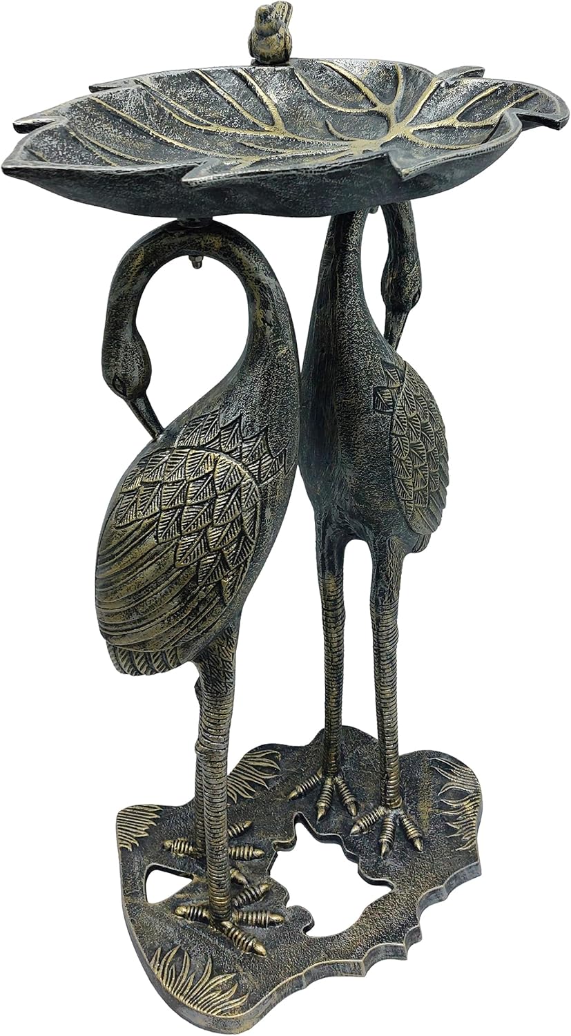 Oakland Living Cast Aluminum 30-in Twin Crane Silver Gold Bird Bath with Leaf Bowl