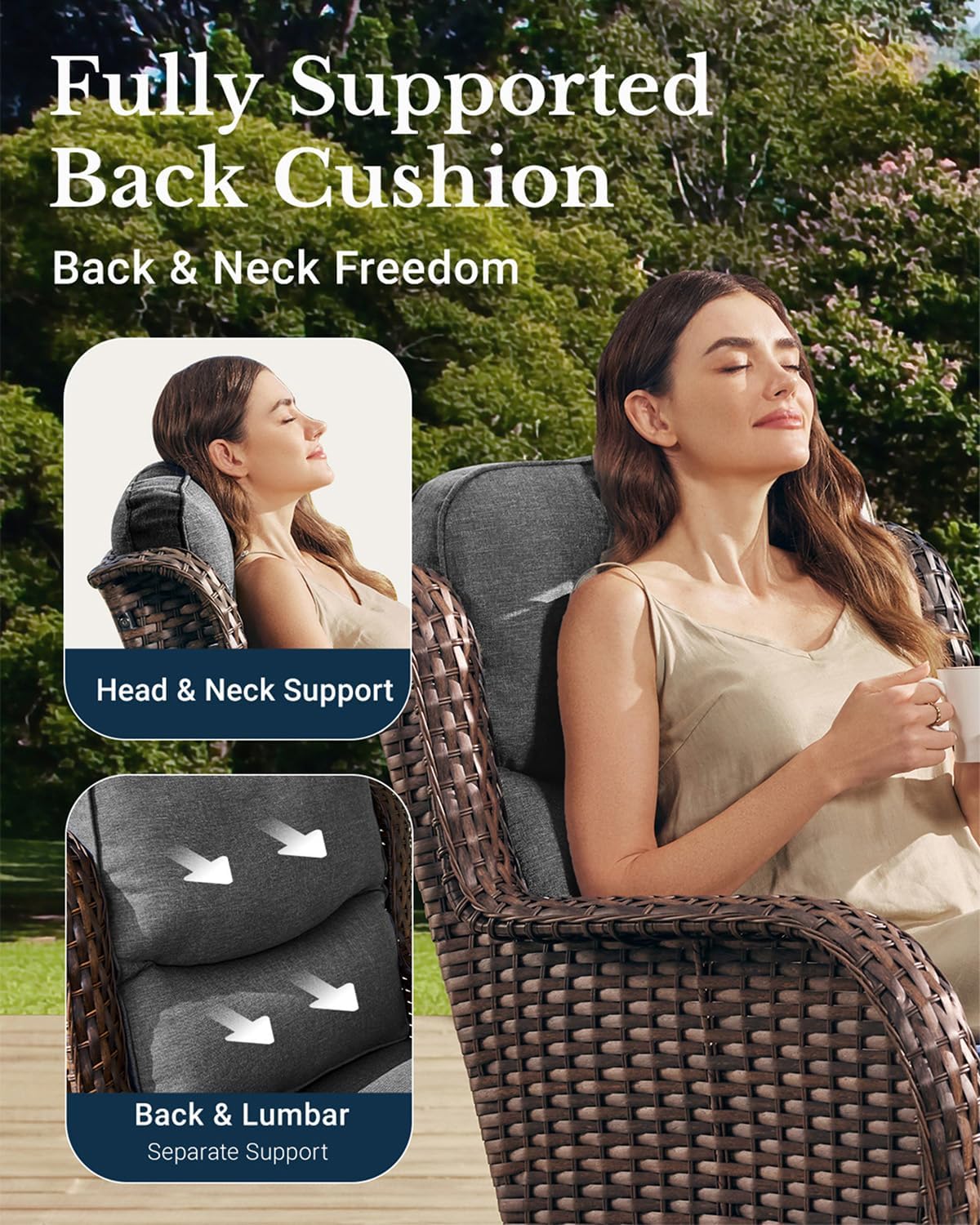 HILLGA Luxury Outdoor Swivel Rocker Patio Chairs of 2 with 6 Inch Thick Cushions and Side Table, Swivel Outdoor Chairs 5PCS High Back Wicker Patio Furniture Set for Porch, Balcony, Deck in Dark Grey