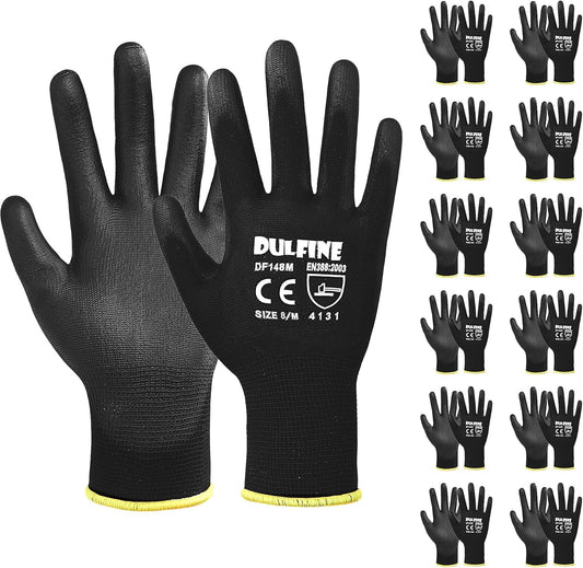 DULFINE Ultra-Thin PU Coated Work Gloves-12 Pairs,Excellent Grip,Nylon Shell Black Polyurethane Coated Safety Work Gloves, Knit Wrist Cuff,Ideal for Light Duty Work. (Extra Large)