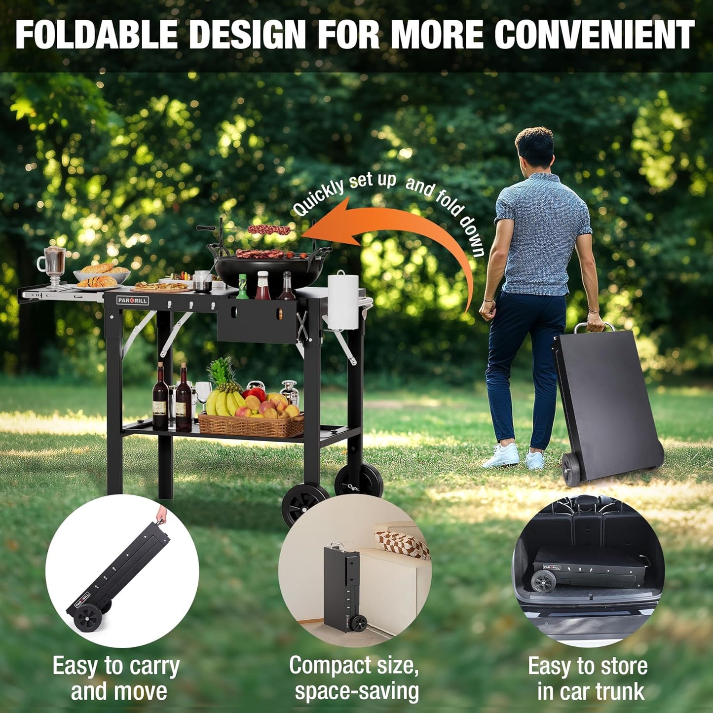 Outdoor Grill Table, Folding Grill Cart with Pull-out Side Table, Blackstone Griddle Stand, Fit 17 Inch Or 22 Inch, Stainless Steel BBQ Prep Station, Pizza Oven Stand