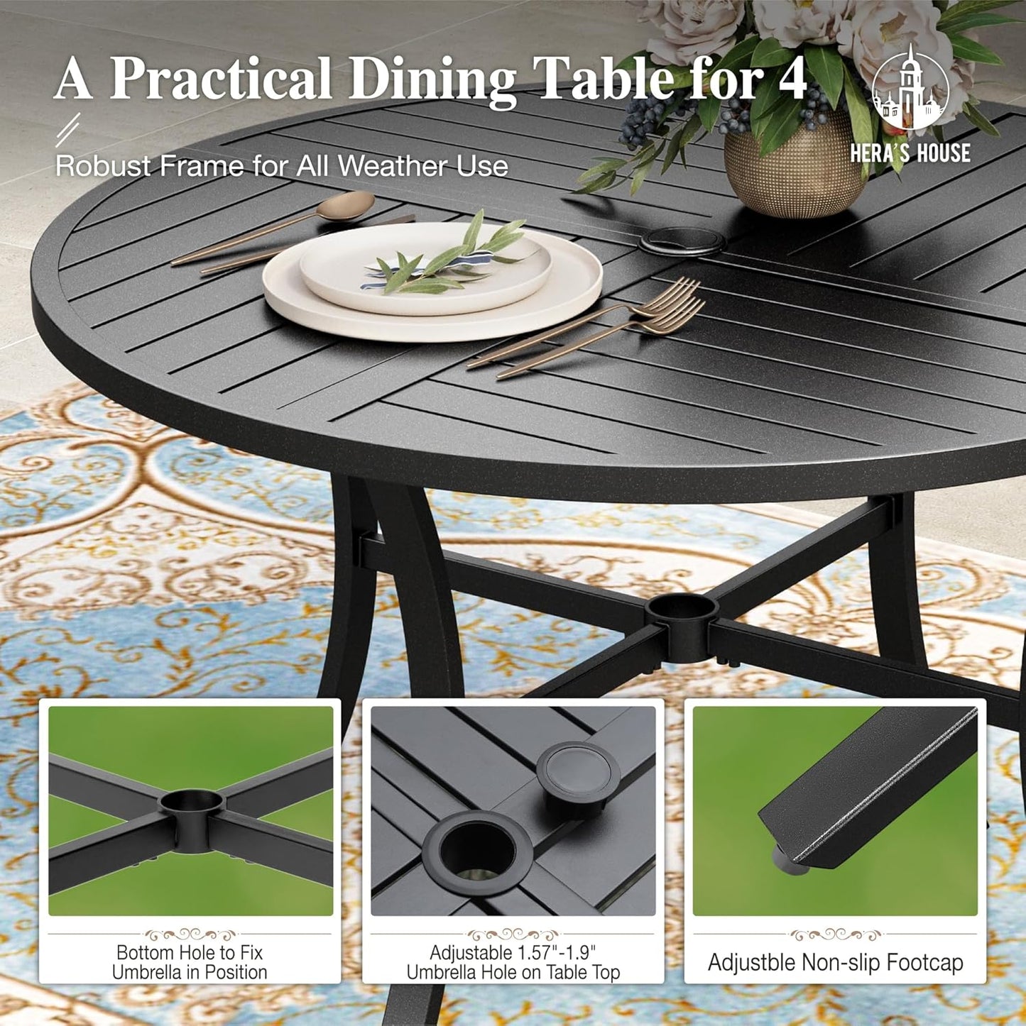 HERA'S HOUSE 5 Pieces Patio Dining Set, Patio Table and Chairs Set for 4, 4 x Red Textilene Dining Chair and 42" Metal Round Table for Lawn Garden Backyard Deck