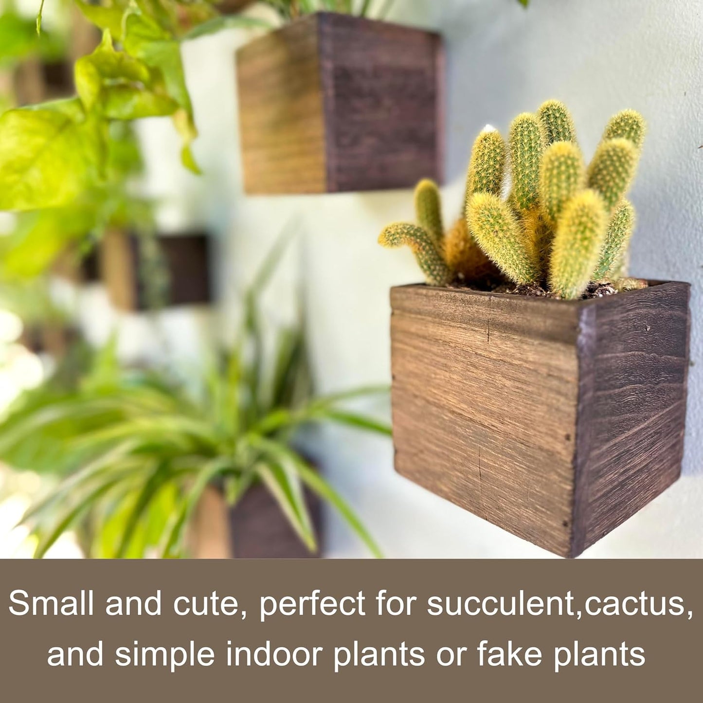 LaLaGreen Wood Planter Boxes for Indoor Plants (4x4 Inch, 6 Pack) Small Square Wall Mounted Planters Flower Pot, Herb Wooden Box Hanging Plant Holder Outdoor Balcony Vertical Garden Modern Home Decor