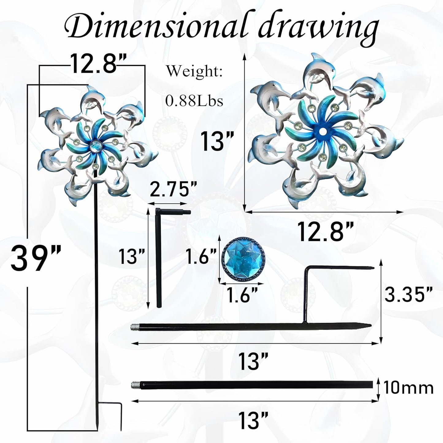 39" Dolphin Wind Spinners Metal Windmill Garden Stake,Ocean Theme Outdoor Wind Spinner,Wind Sculptures Yard Art Decorations for Patio,Lawn & Garden Decor