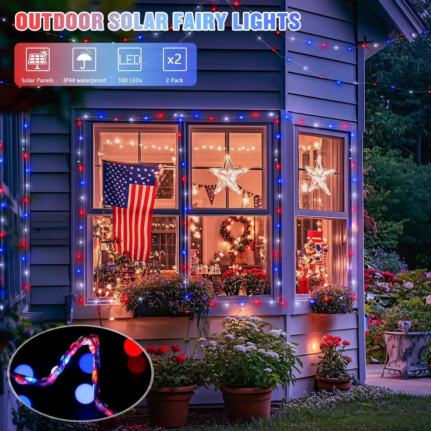 JMEXSUSS 2 Pack Red White and Blue Solar Lights, Each 100 LED 33FT Solar Fairy Lights Outdoor Waterproof, 4th of July Solar String Lights for Independence Day Outside Decorations