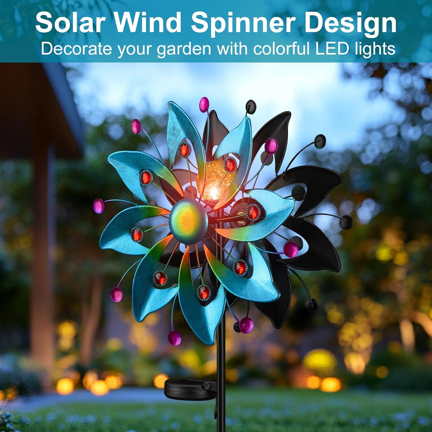 Solar Wind Spinners Outdoor - 58.8 inch Large Metal Kinetic Art Wind Sculptures Solar-Powered Multi-Color Lights Glass Ball with 360° Swivel Waterproof Windmill for Yard Garden Patio Lawn Decor