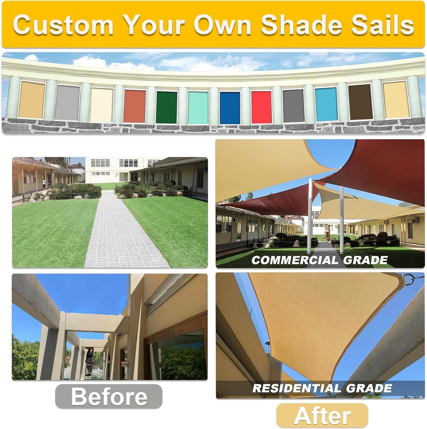 KANAGAWA Sun Shade Sail Curved 24'X24' Sand Rectangle Outdoor Shade Cover UV Blovk Canopy for Patio Garden Backyard Heavy Duty Permeable 185GSM (We Make Custom Size)