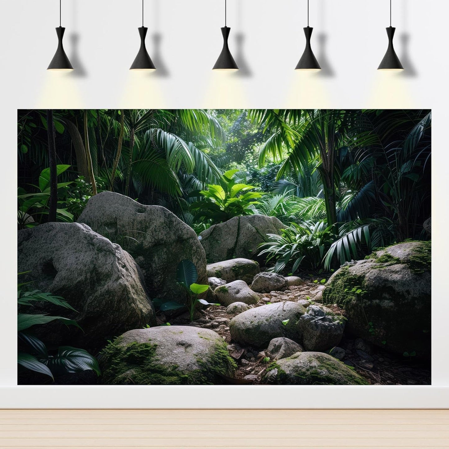 Reptile Habitat Backdrop Lush Tropical Plants and Rocks Terrarium Backdrop Dense Vegetation with Large Broad Leaves and Ferns Fish Tank Background Aquarium Wallpaper Poster Decor Vinyl 72x18in