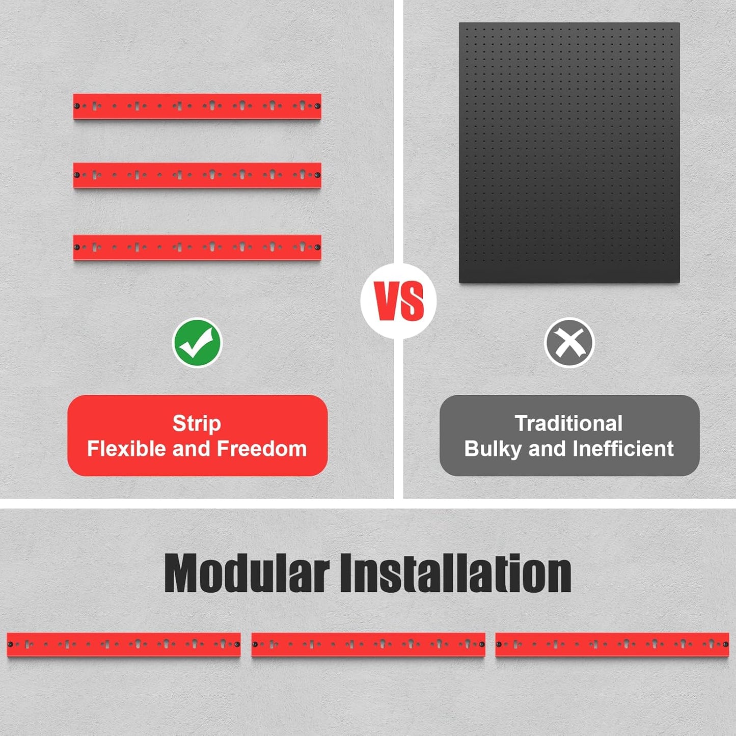 CCCEI 3 Modular Pegboard Strip Storage, Metal Peg Slat Wall Mount for Garage, Basement, Garden, Laundry Room Organization. Flexible Tool Organizer for Rake, Shovels, Crafting. Gifts for Men, Red.