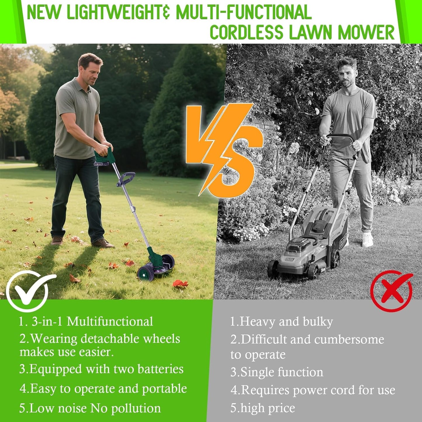 Weed Wacker Cordless Adjustable Weed Eaters 3 in 1 Electric String Trimmer Lawn with Two Battery with Charger Comes with Multiple Blades for Yard,Green,Garden(Green)