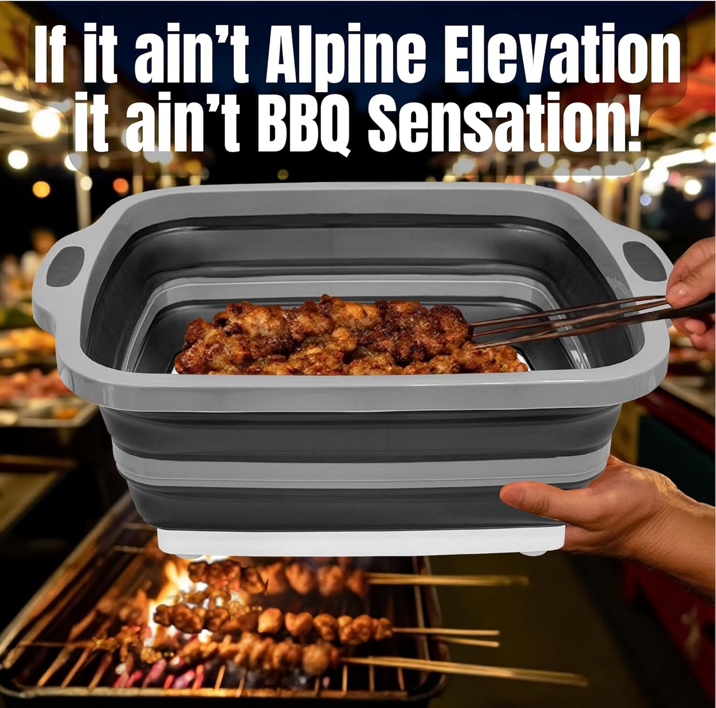 Collapsible X-Large (16L) BBQ Marinating Tub w/Cutting Board | Multipurpose Food-Grade TPE Prep Tub w/Lid | Built-in Colander & Drain Plug - for Camping | Tailgate | Picnic - Bold Orange