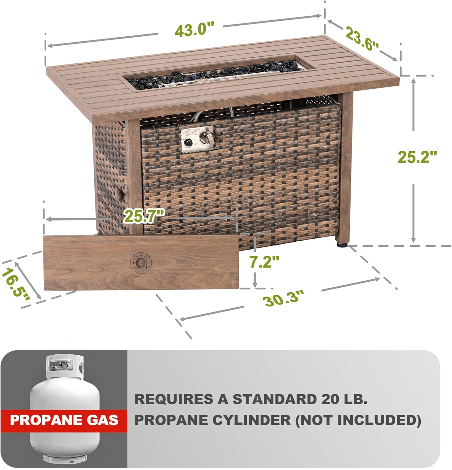 Nuu Garden 43" Propane Fire Pit Table, 50,000 BTU CSA-Listed Rattan Outdoor Gas Fire Pit with Lid & Glass Beads, Smokeless Rectangular Patio Heater Table for Backyard, Deck, Garden, Brown
