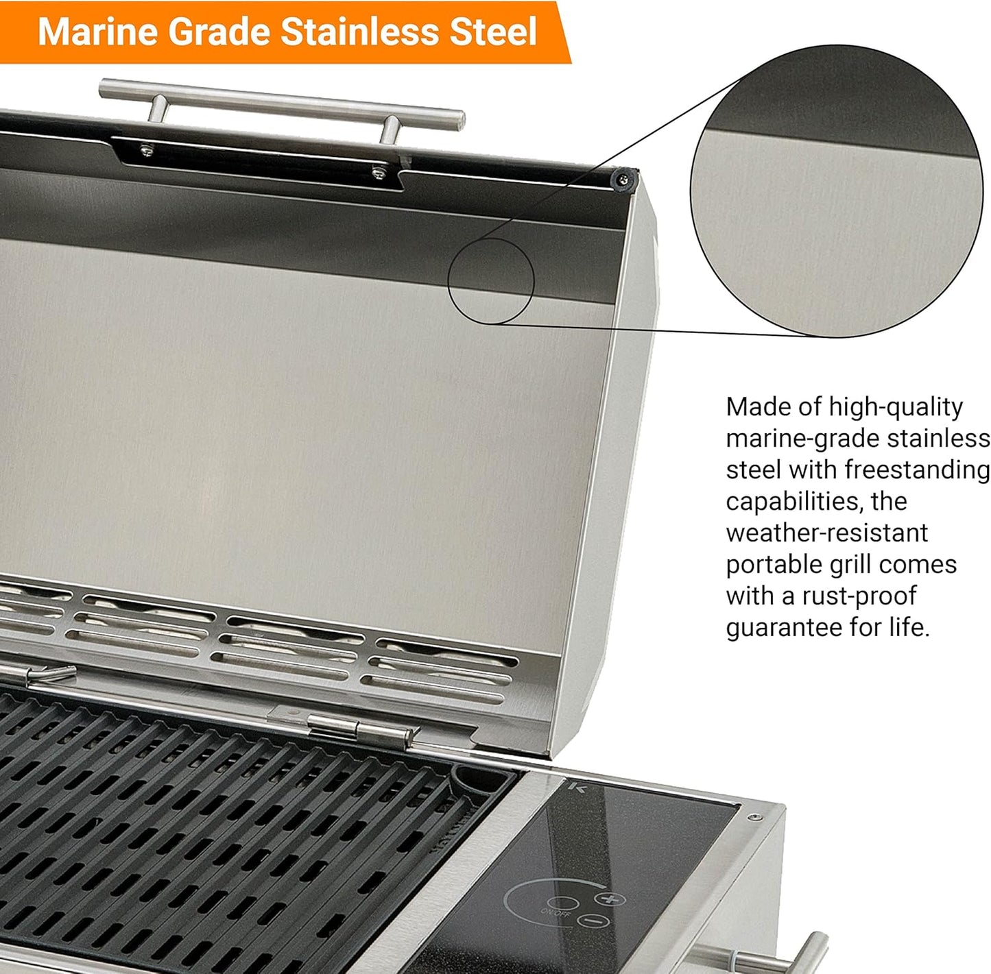 Kenyon Frontier Portable Electric Grill, Waterproof Digital Touch Control, UL-Approved For Indoor And Outdoor Use, Stainless Steel, Rust-Proof Grill, Quick Heat Up, Dishwasher Safe, 120V