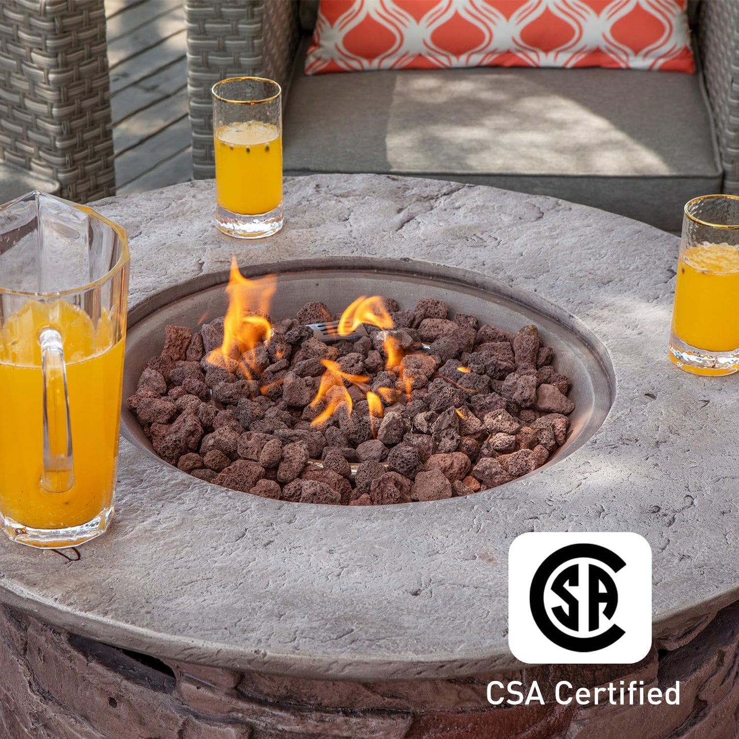 COSIEST Outdoor Propane Concrete Fire Pit Table w Imitation Stone Surface 32-inch Round Fire Table, CSA Certified, 40,000 BTU Stainless Steel Burner, Free Lava Rocks, Fits 20lb Tank Inside