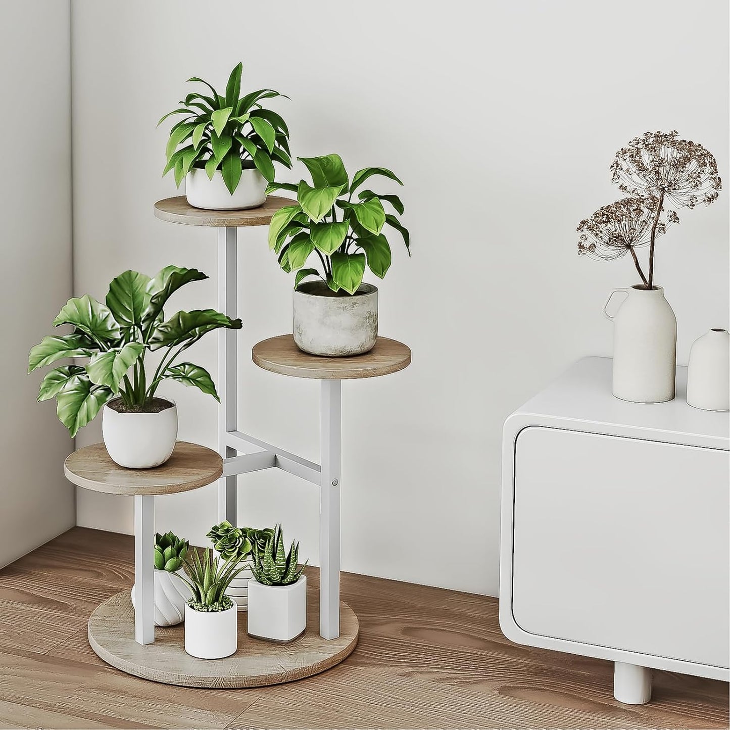 Plant Stand Indoor 4 Tier 5 Potted Multiple Flower Pot Holder for Patio Garden Balcony Living Room Corner (4 Tier White+Sonoma Oa)