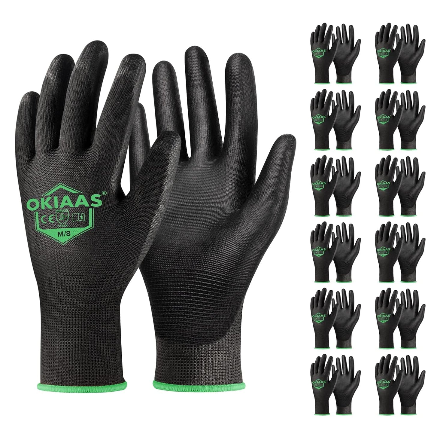 OKIAAS Men's Ultra-Thin and Lightweight Working Gloves with Grip, 12 Pairs, Black, Medium