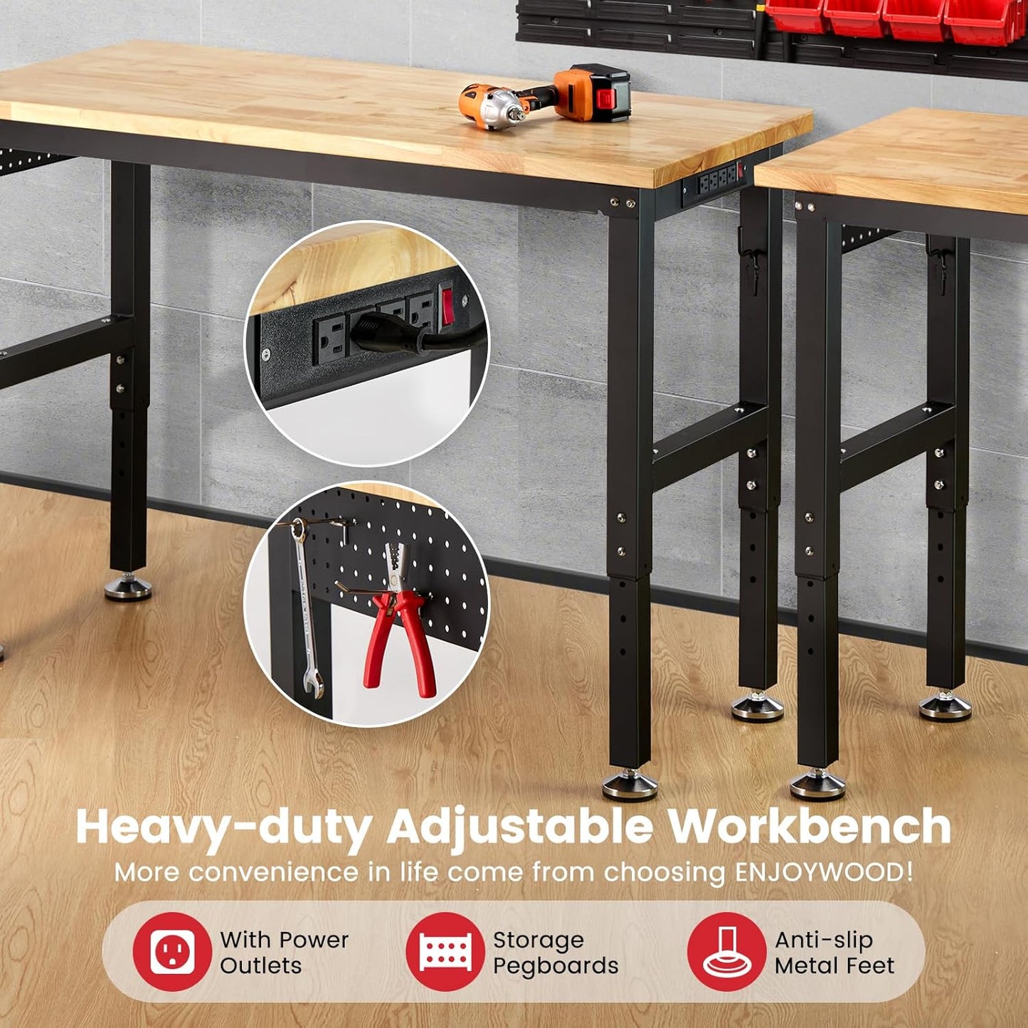 Workbench with Pegboard 48 Inch Work Bench for Garage Adjustable Height Rubberwood Tabletop Garage Workbench with Power Outlet for Woodworking, Home, Office, Workshop