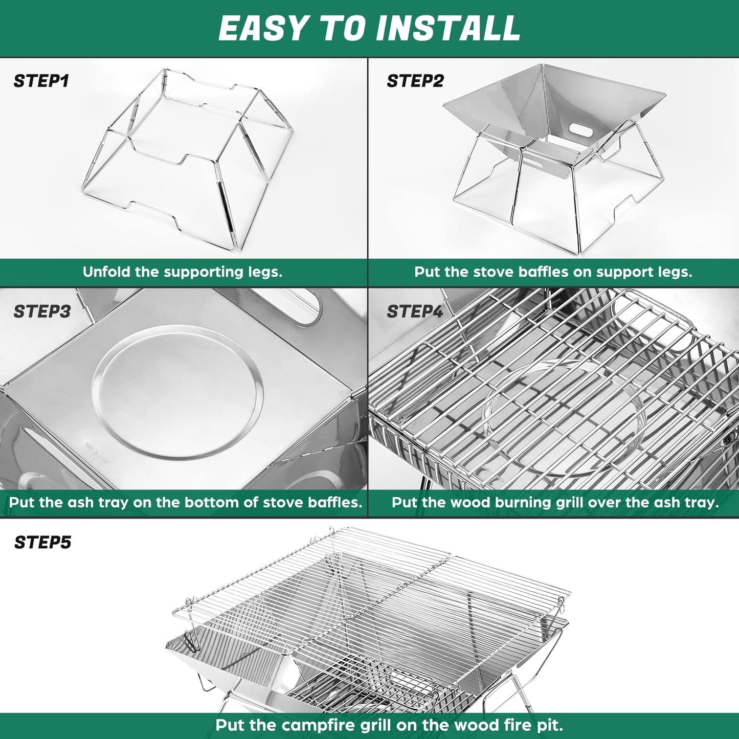 Odoland Folding Campfire Grill, 304 Stainless Steel Grate Barbeque Grill, Portable Camping Grill with Legs for Picnics, Backpacking, Outdoor with Carrying Bag and Kitchen Tongs