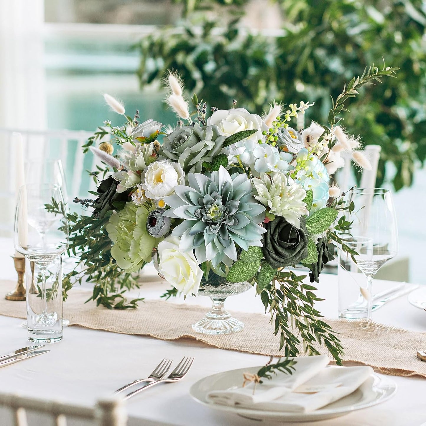 AGIRL Artificial Flowers Combo Silk Mix Green Fake Flower with Stems for DIY Wedding Bouquets Centerpieces Arrangements Table Chair Decor Baby Shower Home Decor (Sage Green)