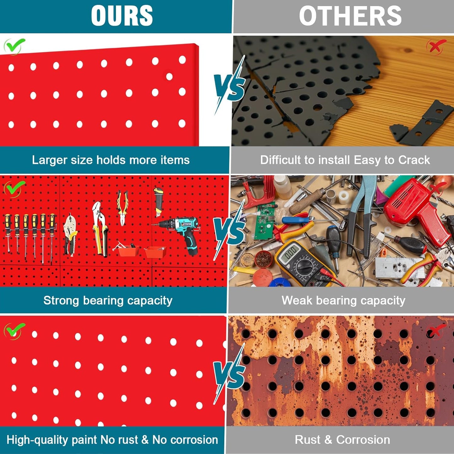 4 Pack Steel Peg Board,Universal 1/8 and 1/4 Pegboard Accessories,Ideal for Garage Tool Storage, Office Organization, Craft Room, Kitchen etc. (Red, 4-12X12)