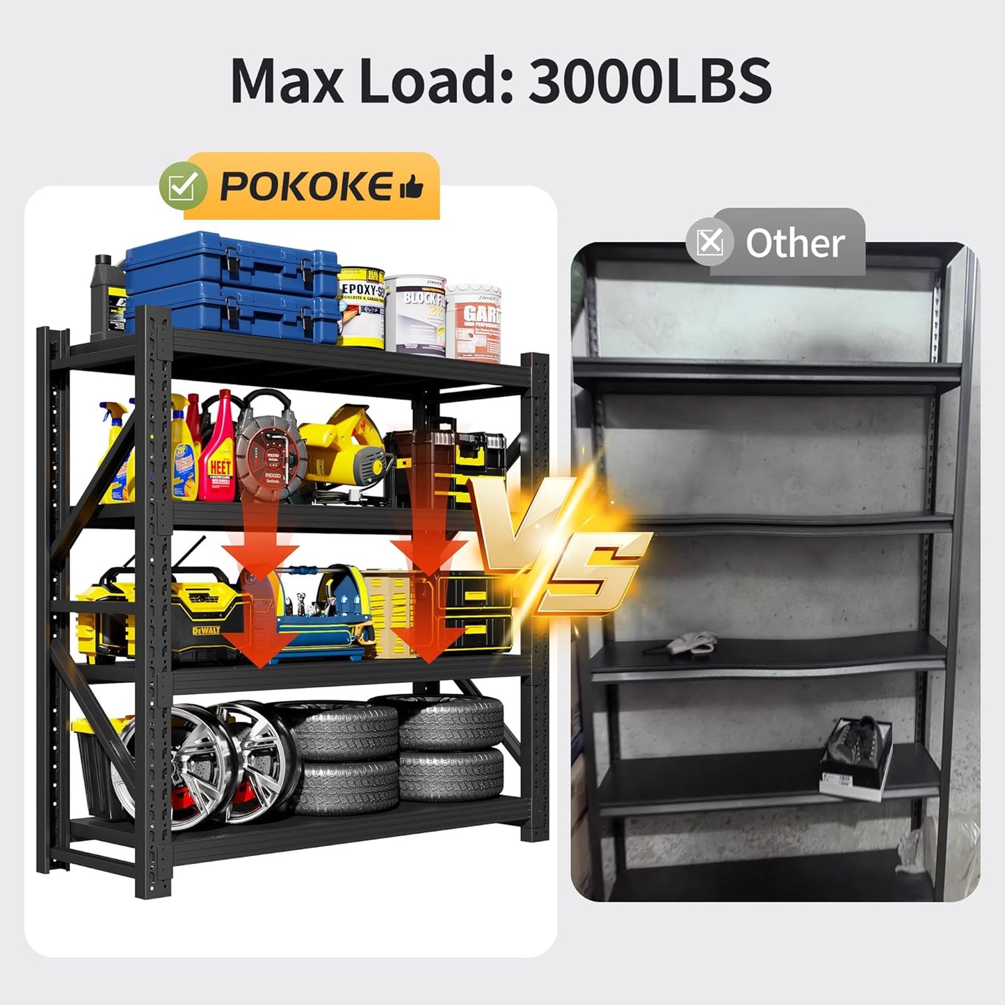 Garage Shelving Unit, 4 Tier Heavy Duty Racks, Easy Assembly, Metal Racks with Adjustable Shelves, 3000 LBS Load Capacity,for Warehouse,Basement (Black, 19.7" D x 59.1" W x 78.7" H)