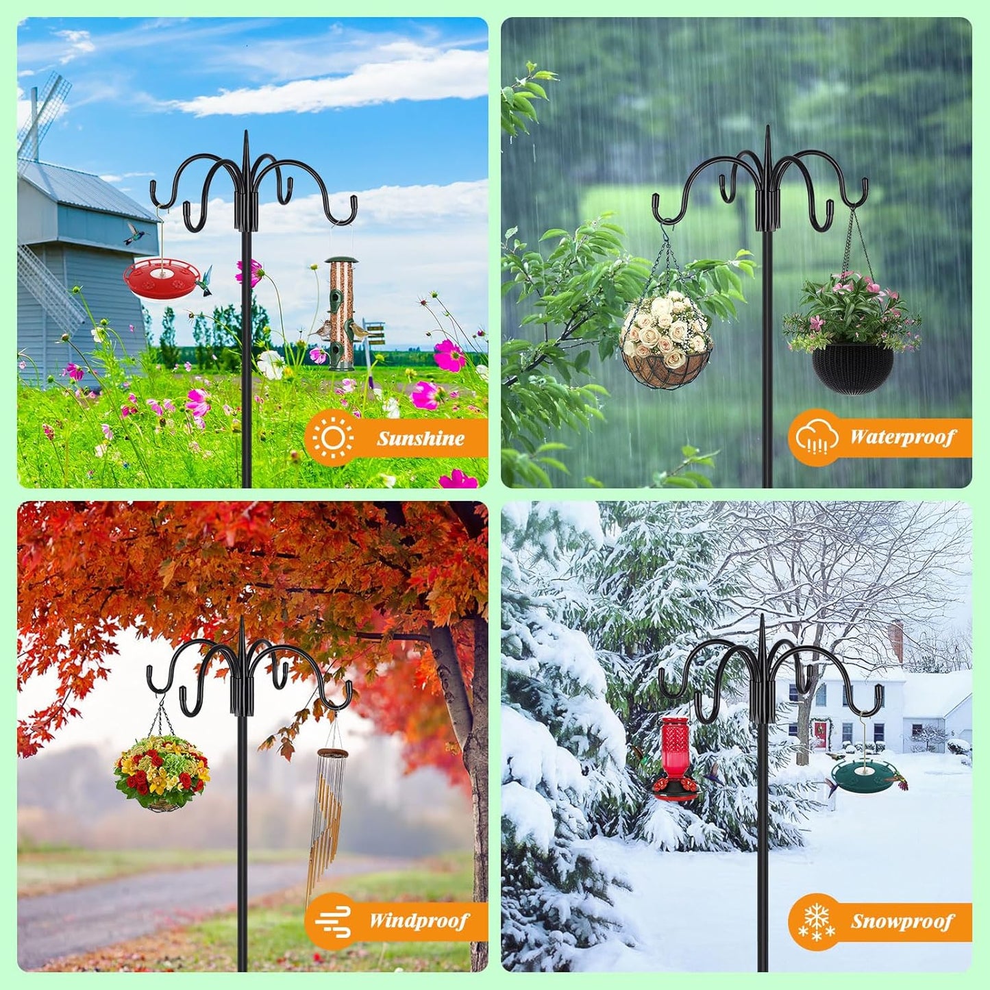 FEED GARDEN [Upgrade Version 92 Inch Four Shepherd Hooks for Outdoor,Bird Feeder Pole with 5 Prong Base, Adjustable Shepard Hooks for Hanging Plant, Solar Lanterns, Wind Chimes, 2 Pack
