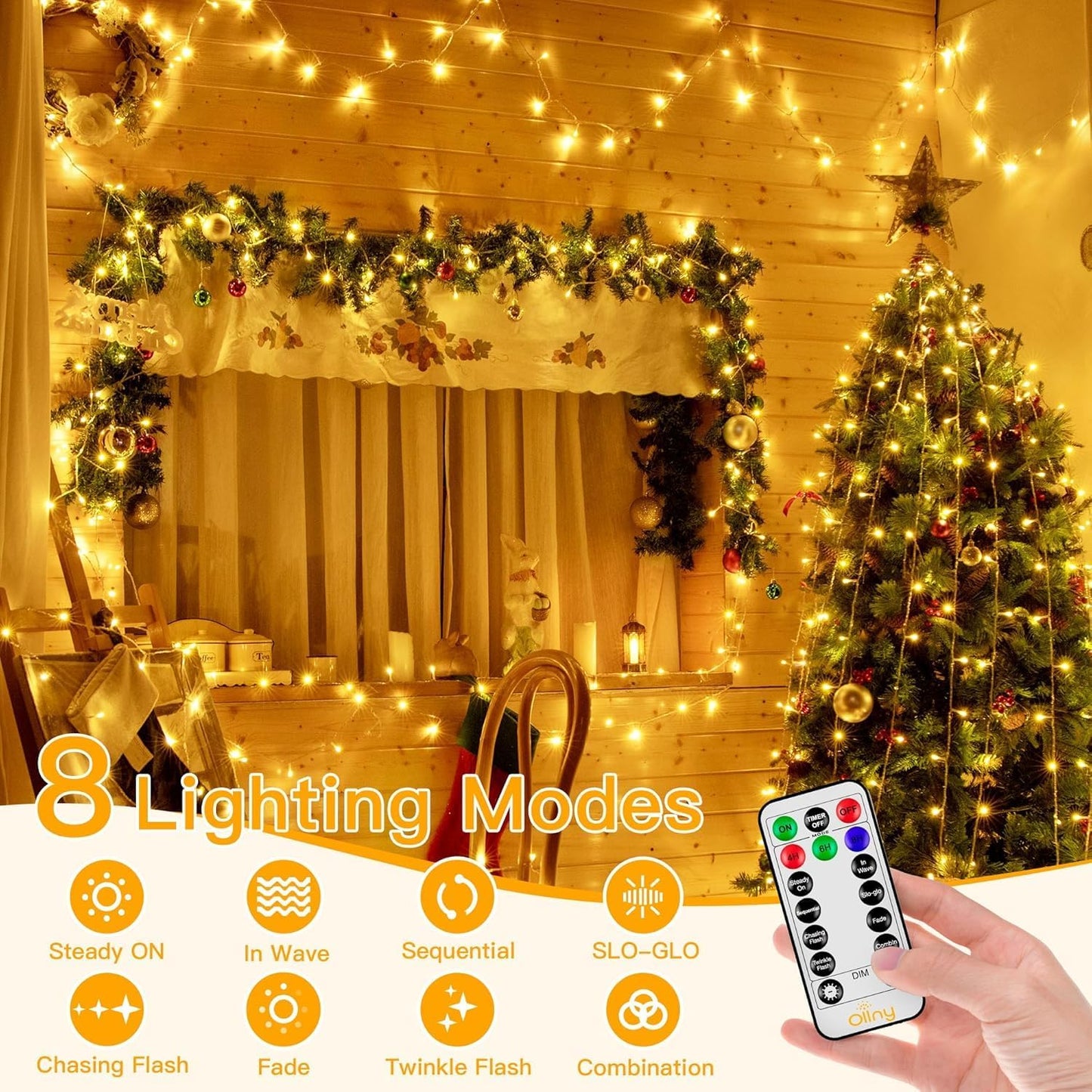 Ollny Christmas Lights Outdoor Waterproof, 1000LED 328FT Super Long String Lights with Remote 3 Timer, Plug in 8 Modes Fairy Light for Outside House Bedroom Xmas Decorations, Warm White