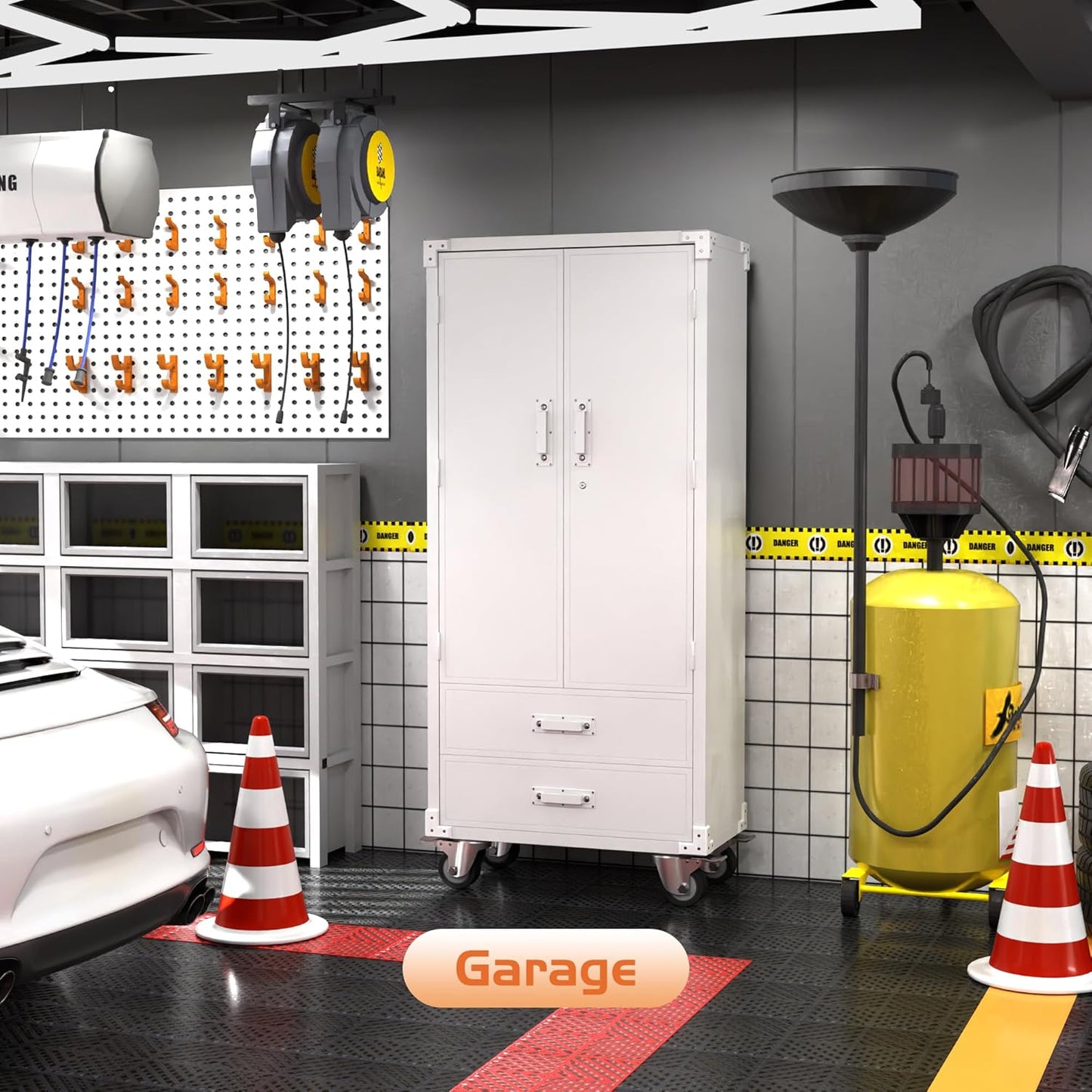 Metal Storage Cabinet with 2 Drawers, Garage Tool Cabinet on Wheels for Home Office,Assembly Required,White