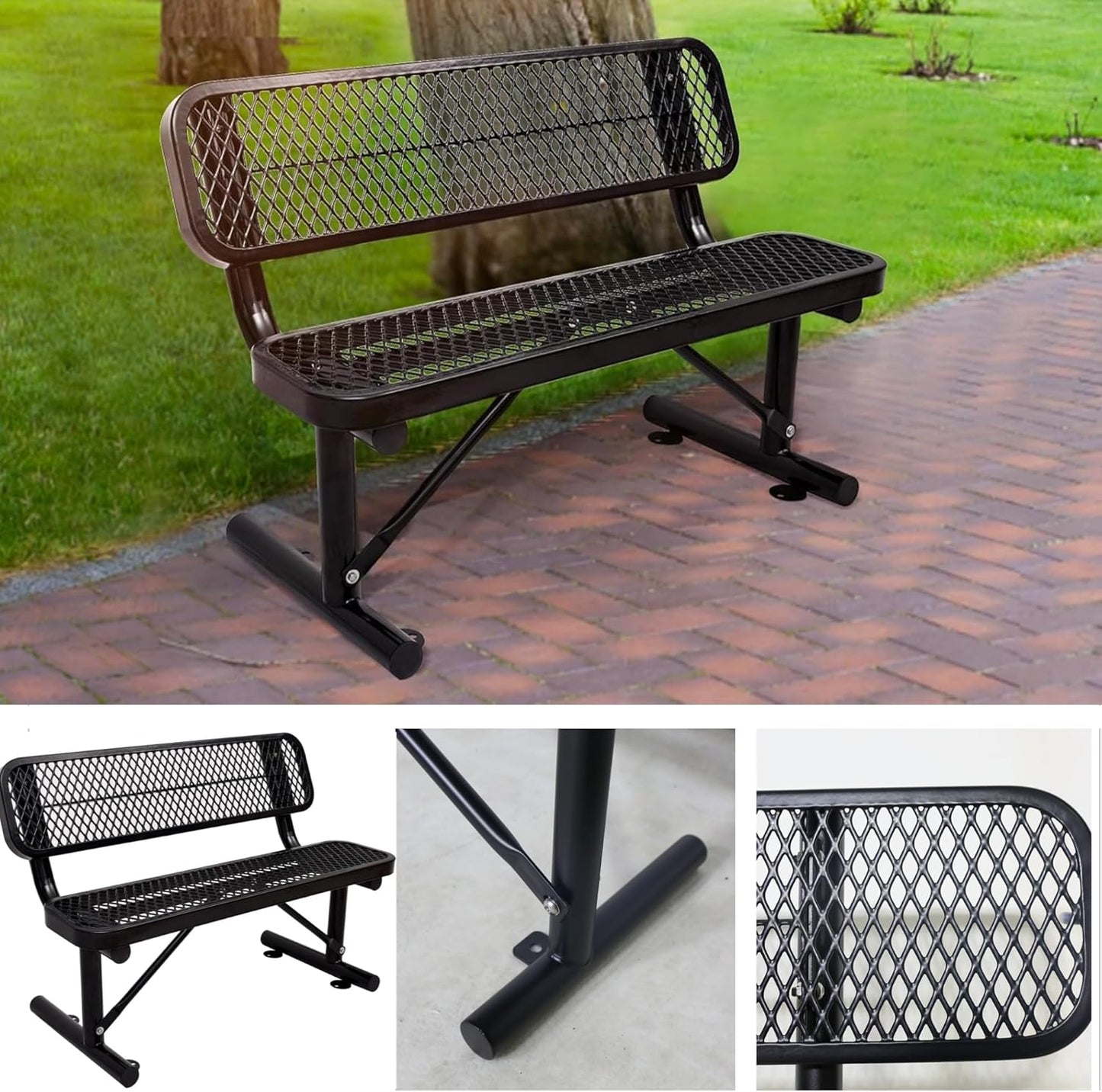 4FT Outdoor Steel Bench with Backrest - Heavy Duty Metal Park Bench, Coated Outdoor Furniture Patio Bench with Back, Commercial Benches for Garden, Porch, Shopping Malls, Stores,Decks and Park