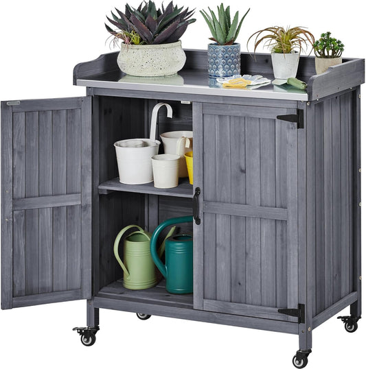 Yaheetech Garden Potting Bench Table, Outdoor Garden Horticultural Wooden Storage Cabinet & Solid Wood Planting Work Bench with Large Space Storage & Metal-Plated Tabletop, Gray