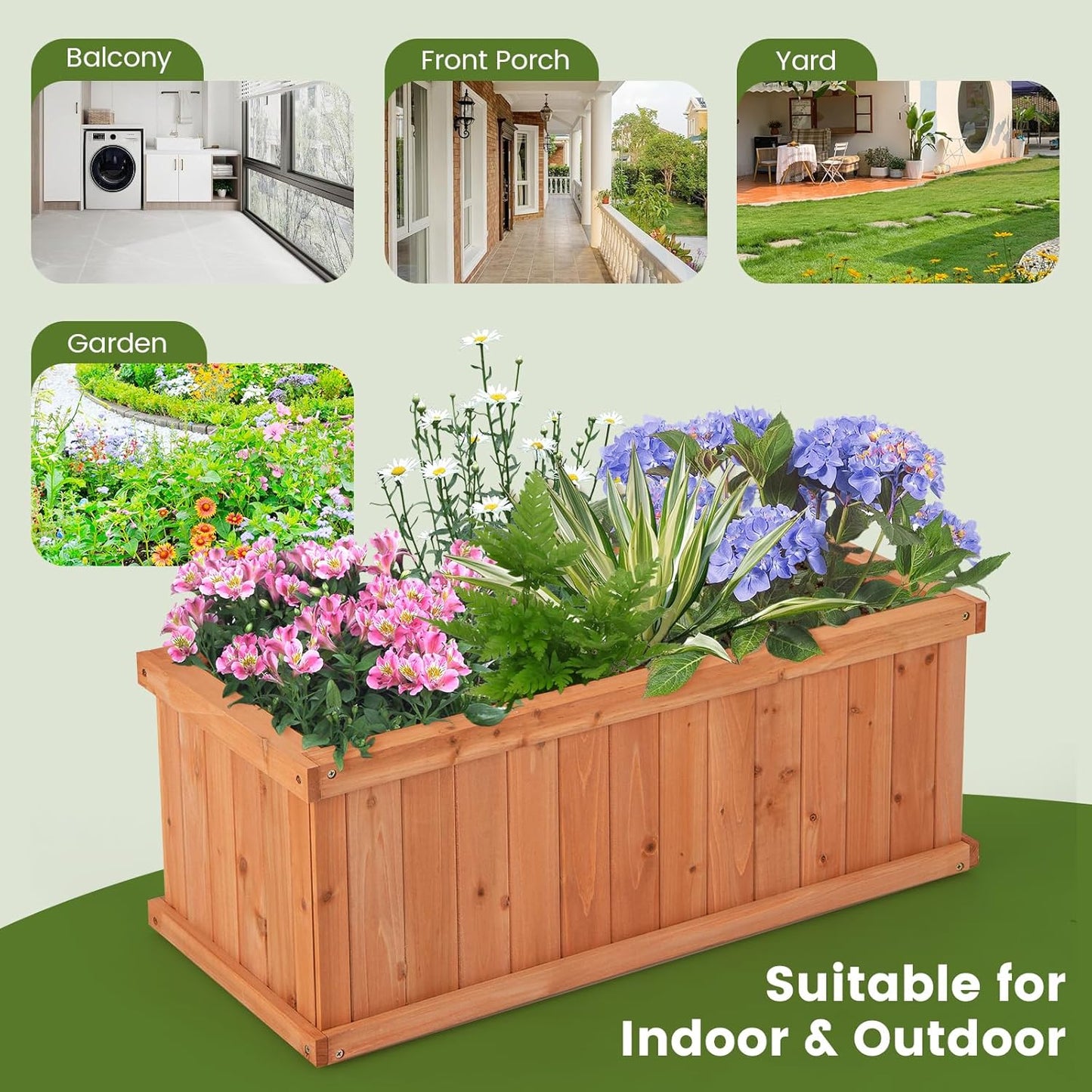 HAPPYGRILL Raised Garden Bed, Outdoor Elevated Flower Box w/ 4 Drainage Holes & Detachable Bottom Panels, Wood Planter Box for Vegetables Flowers Herbs & Fruits Growing, 31” x 14” x 12”