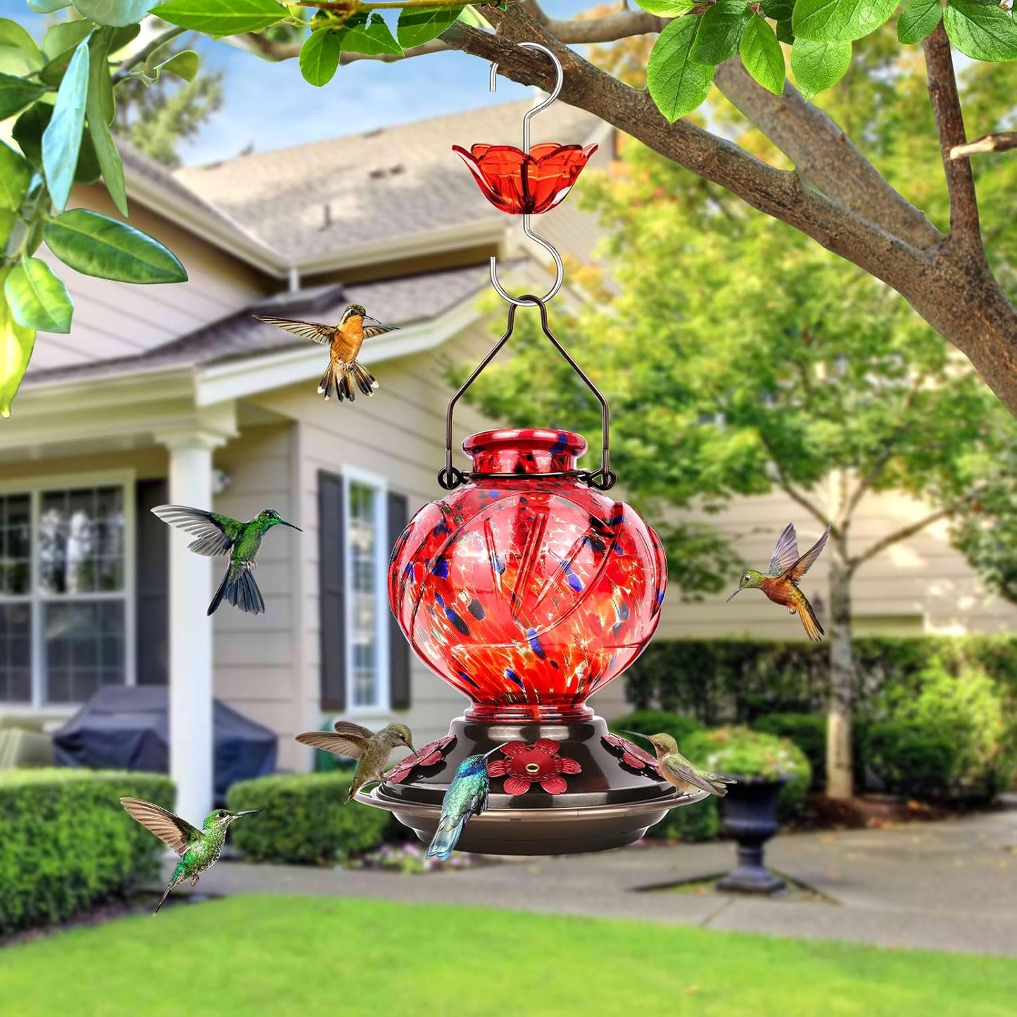 BOLITE Hummingbird Feeder, Hand Blown Glass Hummingbird Feeders for Outdoors Hanging, with Ant Moat and 5 Feeding Ports, 22 Ounces, Peony Flower Shape, Red, Gifts for Women Men, Gifts for Mom Dad