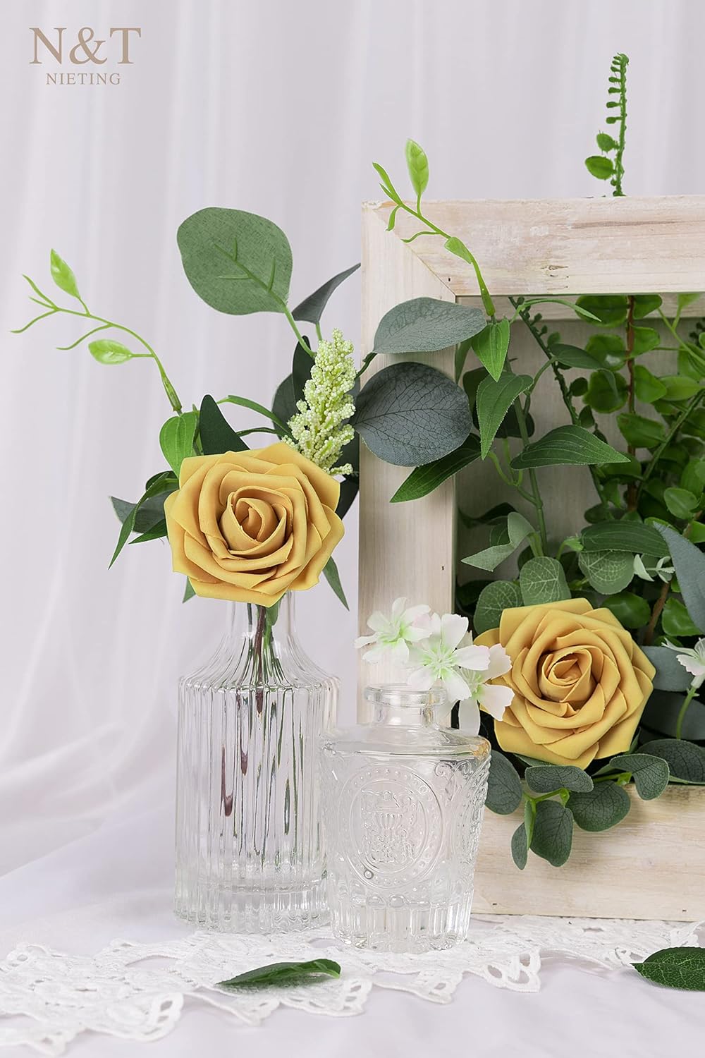 N&T NIETING Artificial Rose Flowers, 25pcs Fake Flowers Fall Yellow Rose DIY for Wedding Bridesmaid Bridal Bouquets Centerpieces Party Cake Decoration Home Display, Gold Yellow