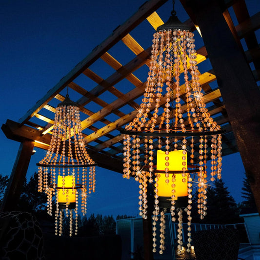 Battery Operated Hanging Chandelier Outdoor Indoor, 28” Modern Acrylic Crystal Hanging Beaded Lantern with Led Candle Light, Pendant Lights Decor for a Gazebo, Garden, Backyard, Patio, Balcony, Porch