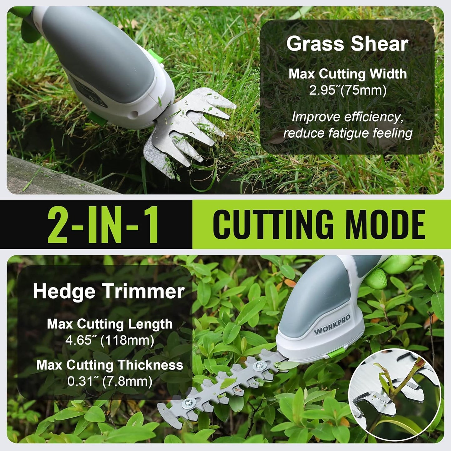 WORKPRO Cordless Grass Shear & Shrubbery Trimmer - 2 in 1 Handheld Hedge Trimmer Electric Grass Trimmer Hedge Shears/Grass Cutter Rechargeable Lithium-Ion Battery and Type-C Cable Included (White)