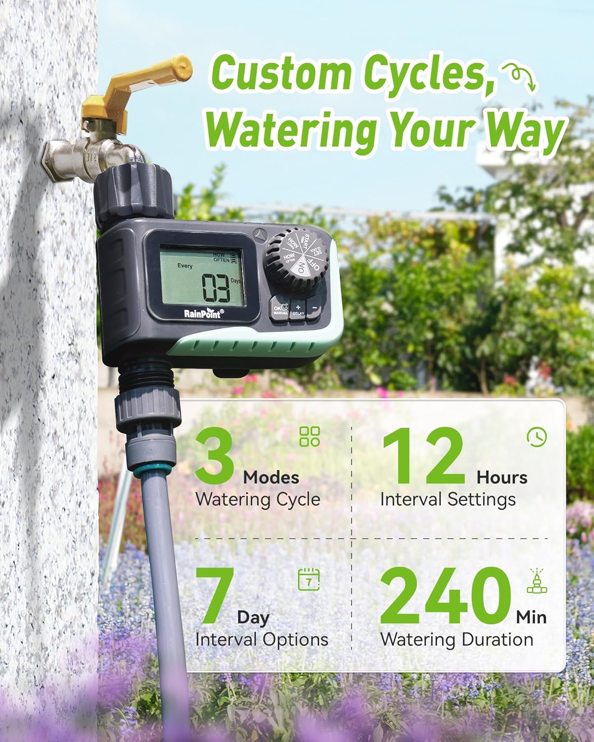 RAINPOINT Sprinkler Timer Outdoor, Water Timer for Garden Hose, Programmable Watering Irrigation Timer with Rain Delay/Manual, V2, 2024 Release(Plastic)