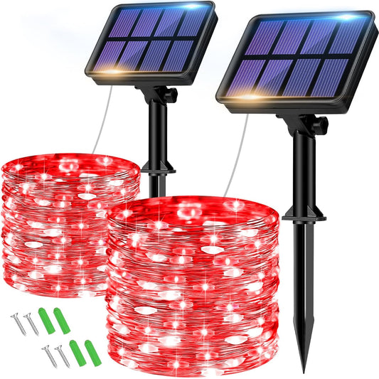2 Pack Solar String Lights Outdoor - 160LED 66FT Solar Fairy Lights Waterproof 8 Modes, Copper Wire Solar Powered Twinkle Lights for Outside Tree Garden Christmas Wedding Party Decor, Red