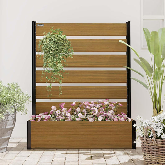 Vertical Screen Planter Bed - Raised Garden Box with Trellis for Climbing Plants, Durable Privacy Fence Planter for Outdoor, Patio, Deck Aluminum Frame, Brown with Base