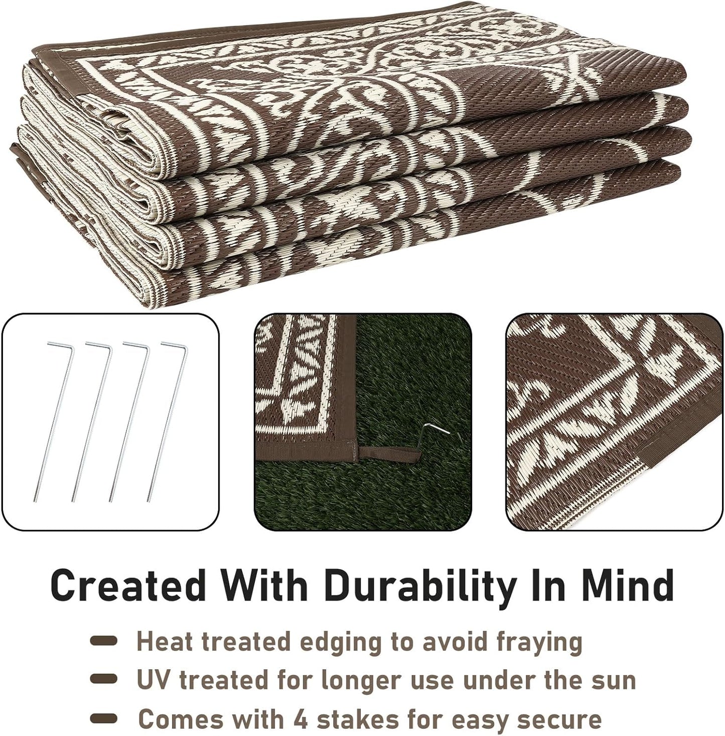 HiiARug Outdoor Rugs 9x12 for Patios Clearance Brown Camping Rug for RV Outside, Reversible Waterproof Plastic Straw Rug Large Outdoor Rug for Porch Beach Picnic Camper