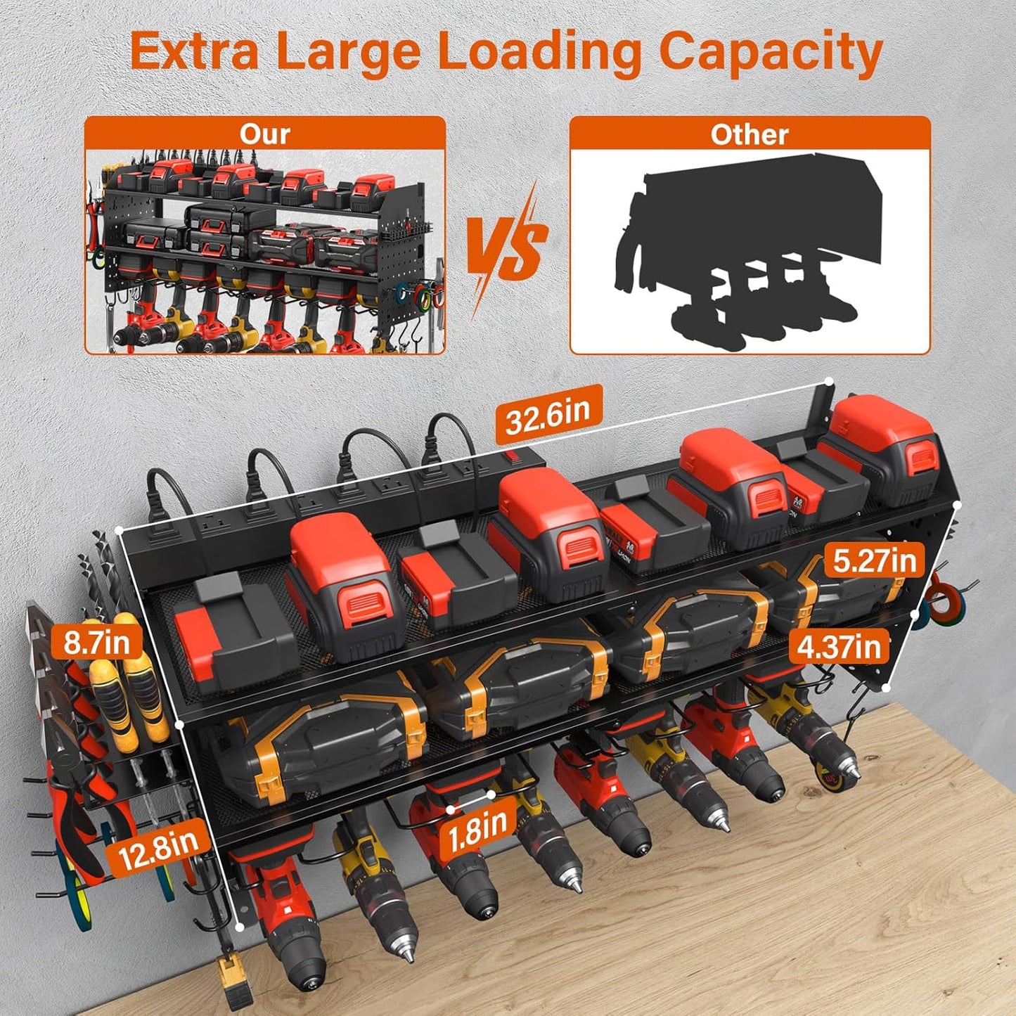 JUNNUJ Large Pegboard Power Tool Organizer with Charging Station, 8 Drills Driver and Tools Battery Holder Wall Mount with 8 Outlet 10 FT Power Strip, Black 3-Layer Shop Garage Storage Utility Rack