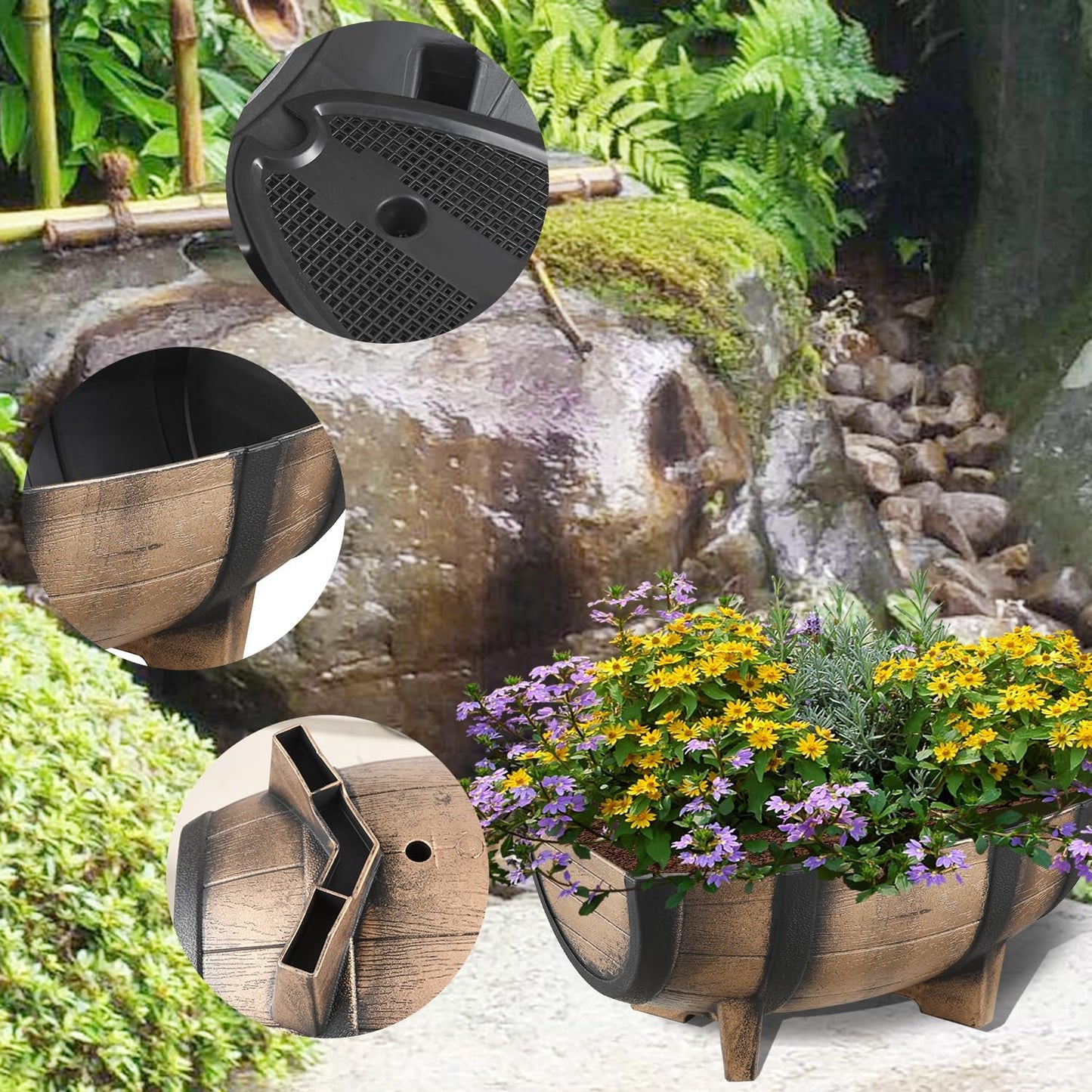 YI 2 Pack Rustic Half Barrel Planters, 16.34x11.81x7.28 Inches Plastic Weather Resistant Plant Flower Pot Indoor & Outdoor Garden Planter