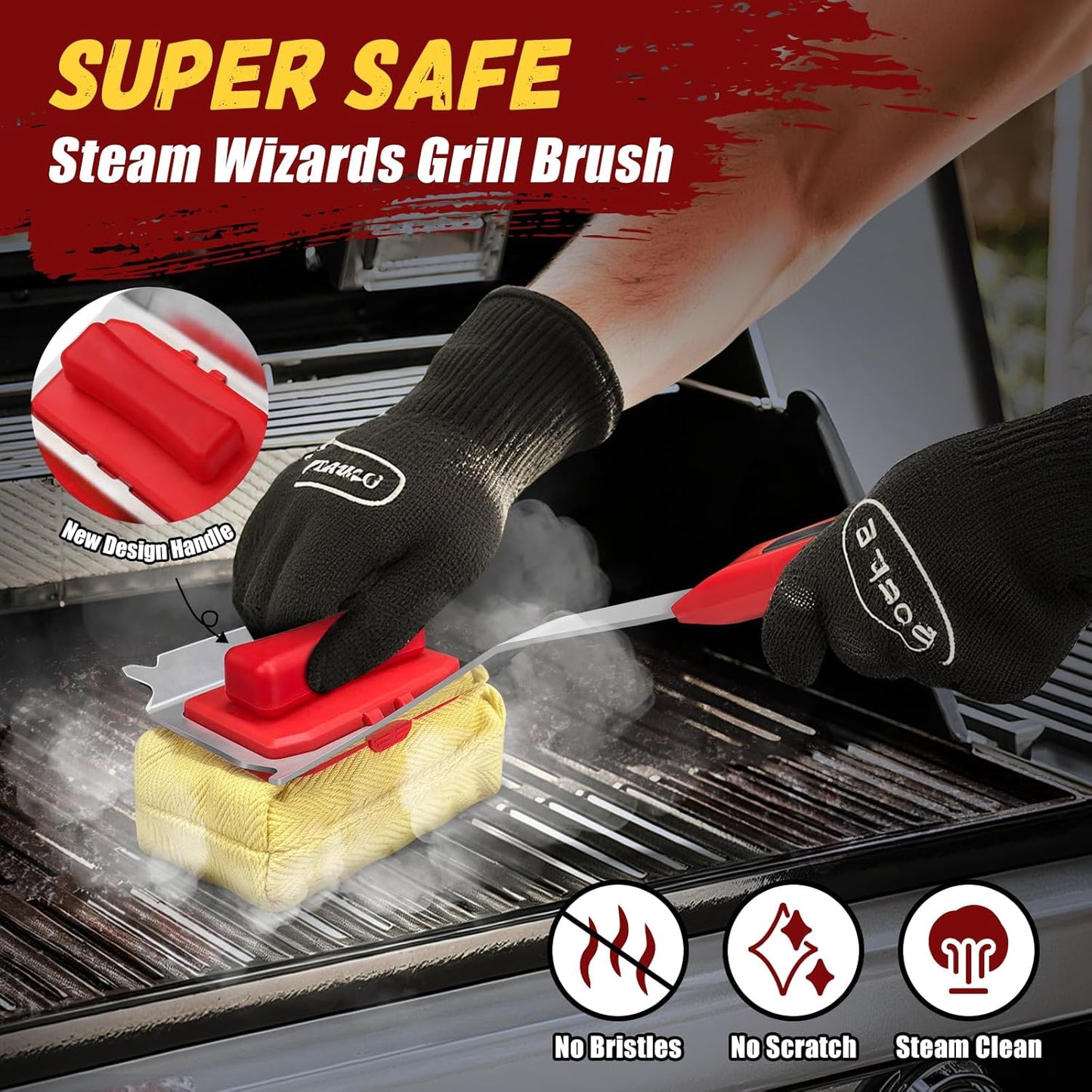 Steam Safe Grill Cleaning Brush Bristle Free and Scraper for Outdoor Grill with 15" Extended Handle, 3X Thick Aramid Fabric Replaceable Brush Heads, Triple-Groove Scraper Design for All Grates, Red