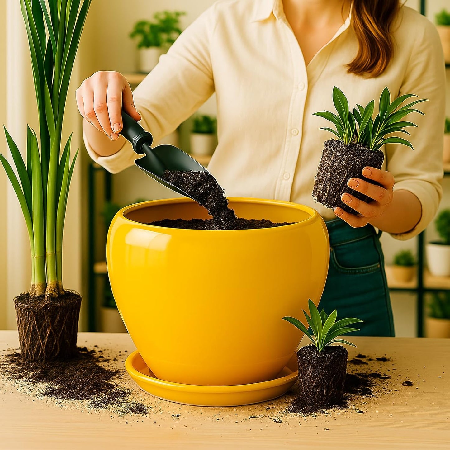 Deep Dream 10 Inch Plant Pot- Ceramic Planter Pot Round Plant Pots for Indoor Plants Outdoor Large Flower Pot with Drainage Holes & Trays, Yellow