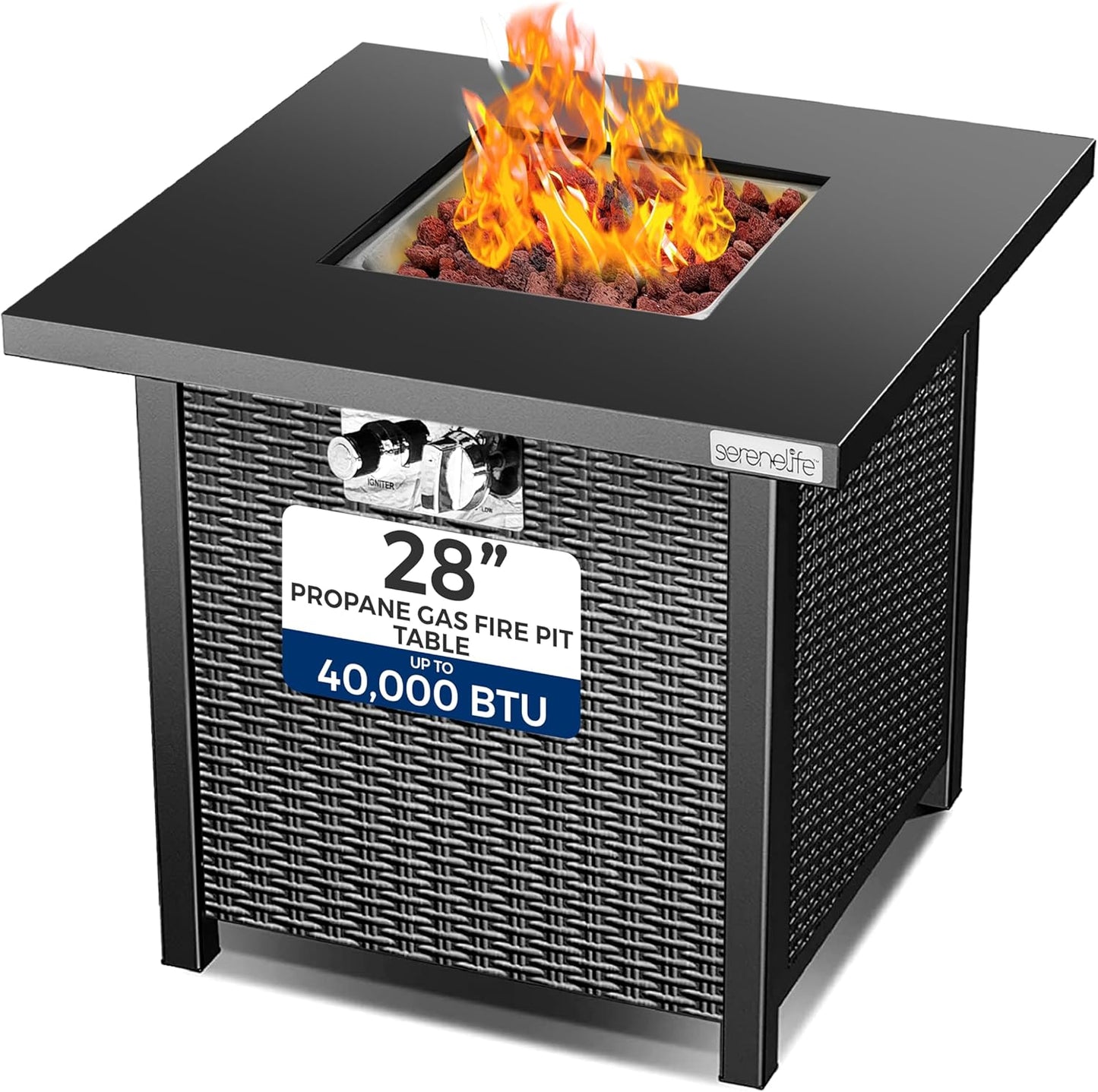 SereneLife 28" Propane Gas Fire Pit Table - 40,000 BTU Outdoor Fireplace with Cover, Stainless Steel Burner & Control Panel, Adjustable Flame, Weather Resistant, Easy Assembly, Outdoor Décor