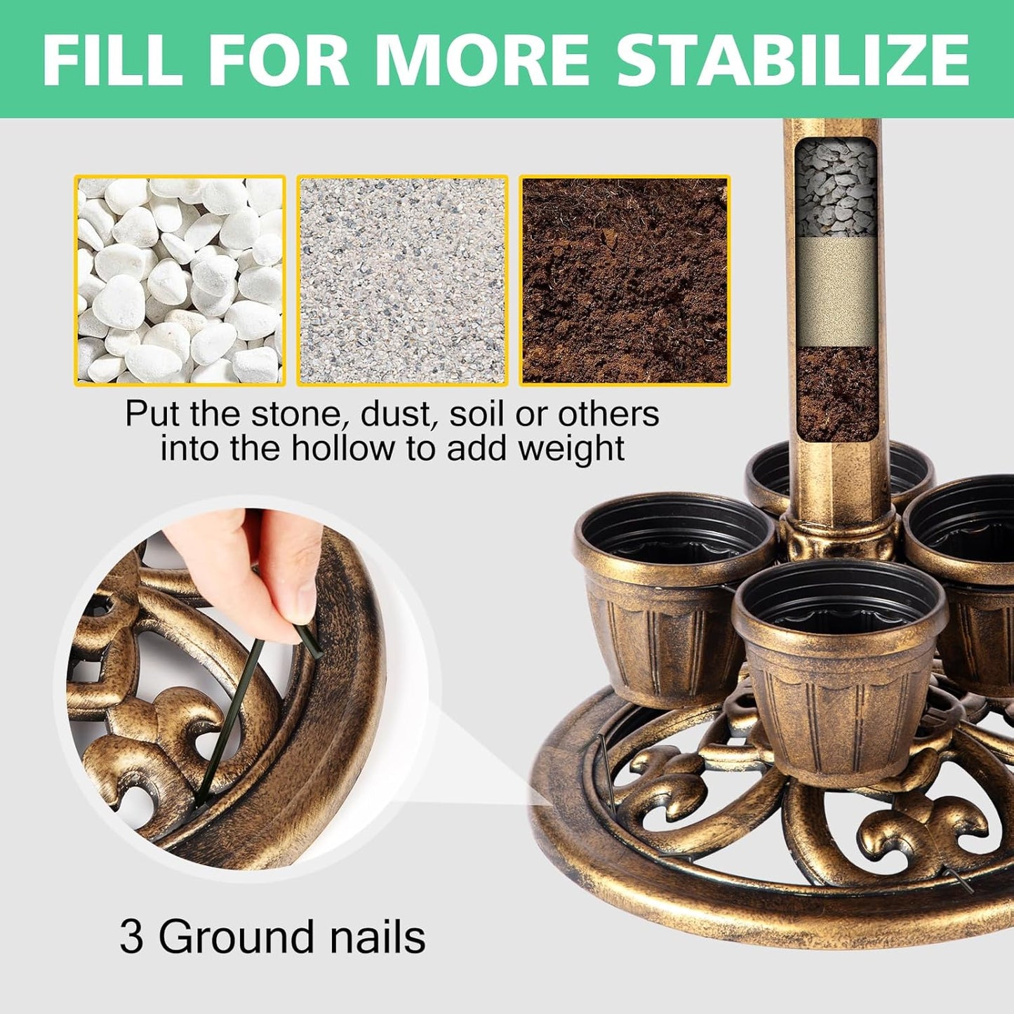 Bird Bath for Outside with 4 Removable Flower Planters 28in Polyresin Lightweight Vintage Birdbath for Outdoors Stake Standing Bowl and Water Feeder Yard Garden Decor Bronze