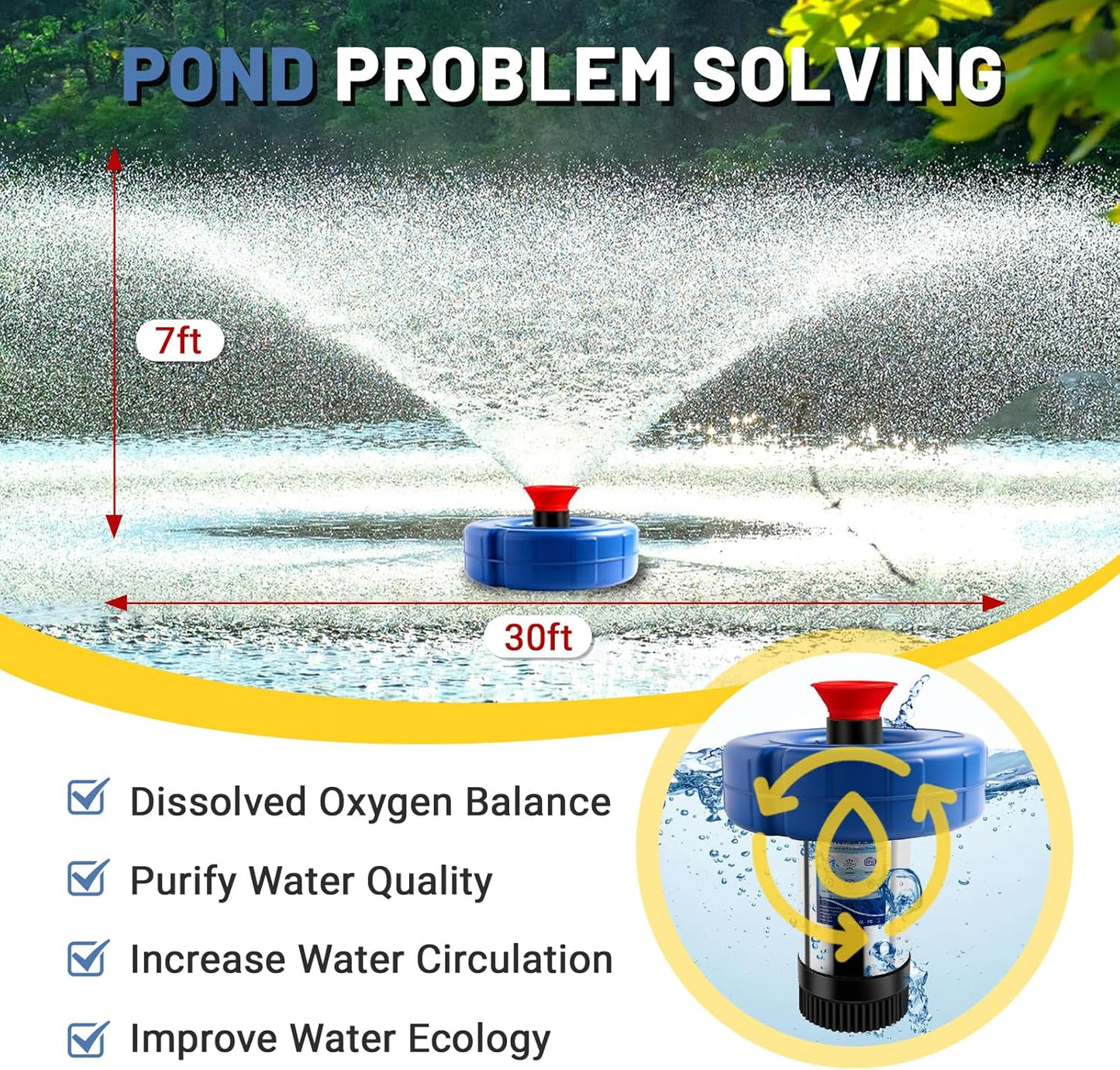 Pond Fountain Aerator, 1HP 110V 750W Floating Water Pump Fit for Large Small Outdoor Ponds Lakes w/ 100 FT Power Cord Timer 15000 GPH - Replace 30 ft Diameter Aerating Outdoor Ponds